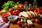 aimless spread of bread, tomato, olive oil, and garlic on table