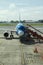 Air Asia`s Airbus A320 with unique Malaysian blue livery at Kuching Airport, Malaysia