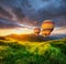 Air ballon above mountains at the summer time.