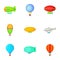 Air balloon and airship icons set, cartoon style