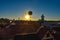 Air balloon ascending on colorful sunset background at Lake Buena Vista.