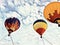 Air balloon flying in blue sky. Hot air balloons festival sketch banner template.