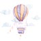 Air Balloon flying with ribbons in clouds. Watercolor. Kids prints