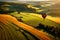 A air balloon gracefully floating above a picturesque landscape of rolling hills and colorful fields