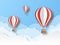 Air balloon paper cut. Colourful flying balloons in blue sky with white clouds. Airship travel 3d origami cartoon vector
