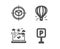 Air balloon, Parcel tracking and Airplane travel icons. Parking sign. Flight travel, Box in target, Check in. Vector