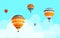 Air balloons collection at blue sky with clouds, fly aerial transport, hot air balloon icons set