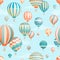 Air balloons in sky vector seamless pattern. Flying aircrafts on blue background. Aerial transportation. Hot air