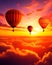 Air balloons in sunset sky above orange clouds. AI generative