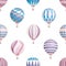 Air balloons vector seamless pattern. Flying aircrafts on white background. Aerial transportation. Hot air ballooning
