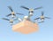 Air drone carrying single pizza box with copy space