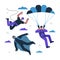 Air extreme sport set. Young men bungee jumper with paraglider and rope basejumper. Guys free fall flying. Person