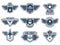 Air force labels. Vintage army badges military symbols eagle wings and weapons vector illustrations set