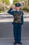 Air force soldier salutes at entrance to base in Beijing.