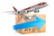 Air freight concept. Parcels with blue arrow, 3D rendering