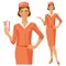 Air hostess. Stewardess holding ticket in her hand. Woman in official clothes