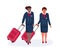 Air hostess. Stewardess with luggage. Standing women in uniform. Aircrew accompanies flight. Career and professional