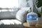 Air humidifier and houseplant on table in living room. Space for text