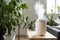 air humidifier works in modern living room with plants. still life