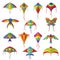 Air kite. Colored different shapes kite in sky festival toys for kids vector collection
