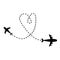 Air plane icon set. Black silhouette shape. Two iirplane flying. Dash line heart loop in the sky. Travel trace. Happy Valentines