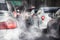 Air pollution from car exhaust smoke traffic in the city. Reducing global warming pollution and carbon dioxide from engine