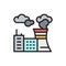 Air pollution of factory, plant carbon dioxide emissions flat color line icon.