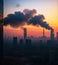 Air pollution in industrial era, large factory smoke stacks in sunset, generative ai