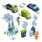 Air pollution isometric. Factory bad environment chemical garbage urban vehicle trash vector isometric