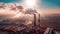 Air pollution by smoke coming out of two factory chimneys. Aerial view