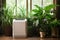 air purifier device on wooden floor with green plants around