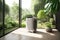 air purifier in room with view of lush garden, bringing life and serenity to the space