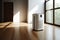 air purifier in room with white walls and wooden floors
