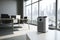 air purifier in sleek and modern office, with view of city skyline