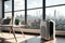 air purifier in sleek and modern office, with view of city skyline