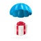 Air shipping concept with parachute. Package, presents or gift flying down from sky with parachute in flat design