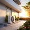 Air Source Heat Pump in Modern Residential Backyard, Sustainable Clean Energy, Golden Hour, Generative AI