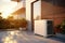 Air Source Heat Pump in Modern Residential Backyard, Sustainable Clean Energy, Golden Hour, Generative AI