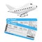 Air Travel Concept. Cartoon Toy Jet Airplane with Airline Boarding Pass Tickets. 3d Rendering