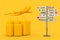 Air Travel Concept. Large Yellow Polycarbonate Suitcases with Yellow Jet Passenger\\\'s Airplane near Signpost with Various Countrie