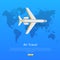 Air Travel Concept. Plane on World Map Web Banner.