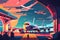 Air Travel Hub Colorful Illustration of a Vibrant Airport Terminal with Planes Taking Off and Landing