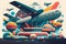 Air Travel Hub Colorful Illustration of a Vibrant Airport Terminal with Planes Taking Off and Landing