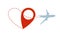 Air travel. Plane silhouette with heart path and destination icon. Flying airplane with trace in love form card design