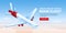 Air travel, plane tickets booking banner design template. Airplane flies in blue sky vector 3d isometric illustration