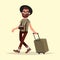 Air traveler. Hipster man with luggage goes to the airport. Vector illustration in cartoon style