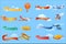 Air vehicles with horizontal banners set, helicopter, airplane, biplane, airship with ribbons vector Illustrations