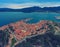 Air view of the port and the city of Portoferraio. The Island Elba, Italy