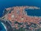 Air view of the port and the city of Portoferraio. The Island Elba, Italy