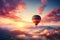 Airborne joy Hot summer sunrise, balloon travel, nature landscape freedom